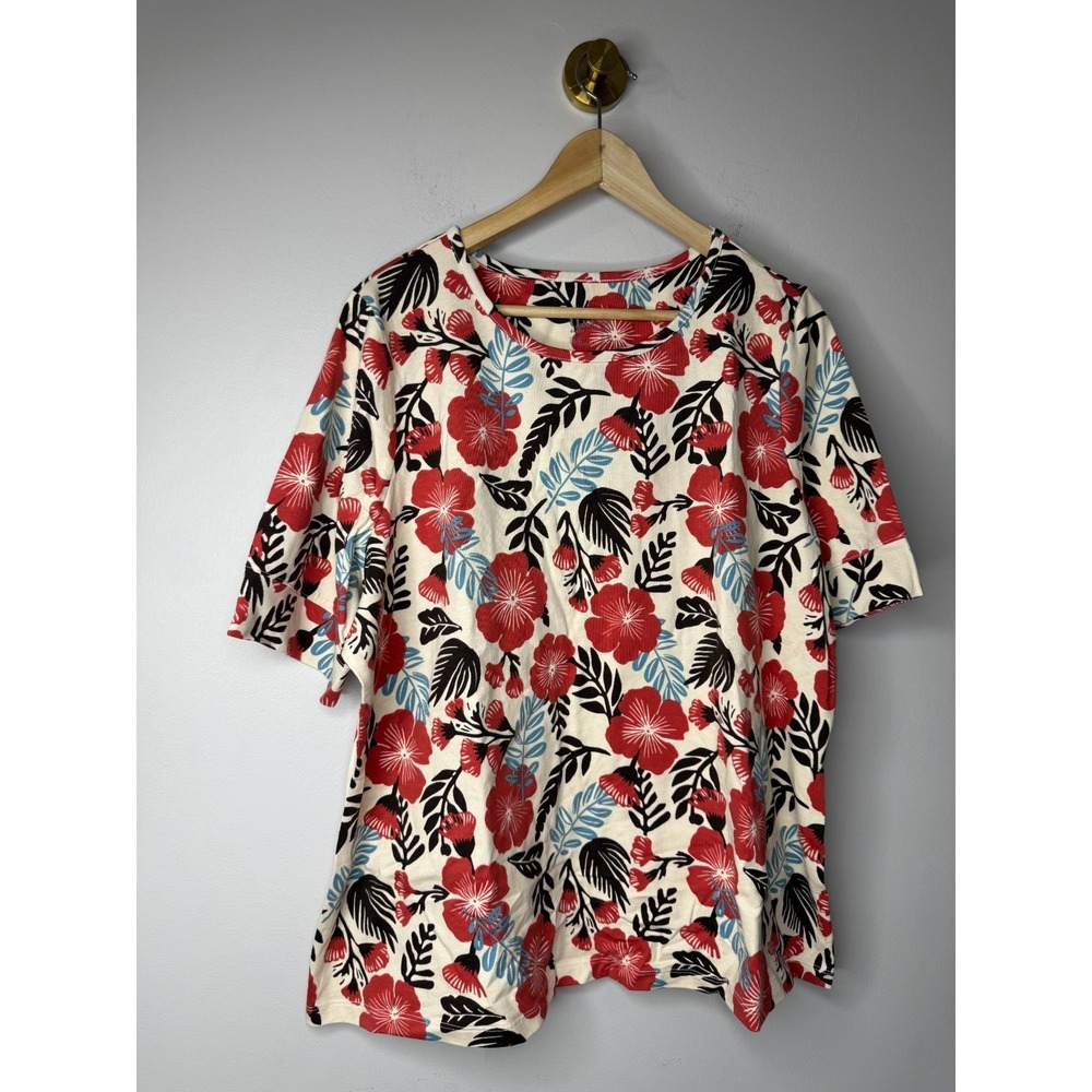 Denim & Co. Perfect Jersey Raund Neck Elbow Sleeve Floral Top Ecru: 1X  #257-K